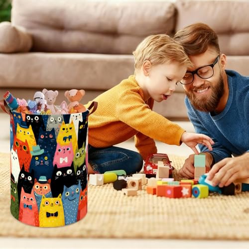 Laundry Basket 15.75 x 15.75 x 19.7 Inch Oxford Fabric Clothes Hamper with Colorful Cartoon Cats Foldable Storage Bin with Handles for Bedroom Nursery Dorm and Laundry Room Décor - color: Colorful590