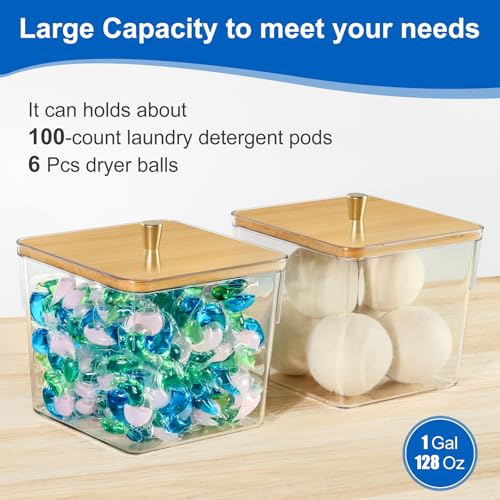 Hudgan 4 Pack Acrylic Storage Containers with Measuring Scoops for Kitchen, Laundry, Pantry, Clear Sturdy Plastic with Gold Handle Perfect for Dried Goods, Snacks, Detergent