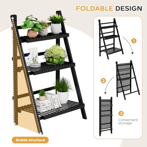 oakvivo 39.4" Foldable Plant Shelf Ladder Shelf, 3 Tier Bamboo Ladder Flower Pot Display Shelf, Freestanding Ladder Bookshelf for Garden, Balcony, Yard, Living Room, 23.6" W x 15" D x 39.4" H, Black - color: 3-Tier Black