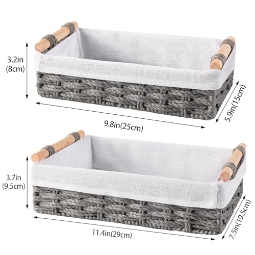 HomeHacks 2 Pack Storage Basket Paper Rope Baskets for Organizing with Handle Decorative Storage Bins for Countertop Toilet Paper Basket for Toilet Tank Top Small Baskets, Grey