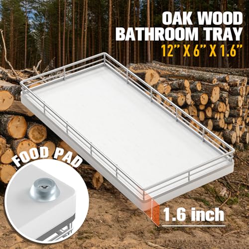 Bathroom Vanity Tray for Countertop, 12" x 6" Oak Wood Toilet Tank Tray with Metal Guardrail, Bathroom Organizer for Soap, Perfume & Skincare, Non-Slip Decorative Tray for Dresser, Sliver & White - color: Silver, size: 12" x 6" x 1.5"