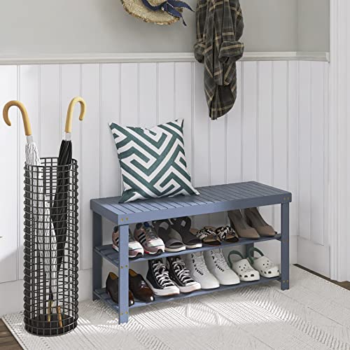 SMIBUY Bamboo Shoe Rack Bench, 3-Tier Shoe Organizer Storage Shelf for Entryway Hallway Bathroom Living Room (Grey) - color: Grey