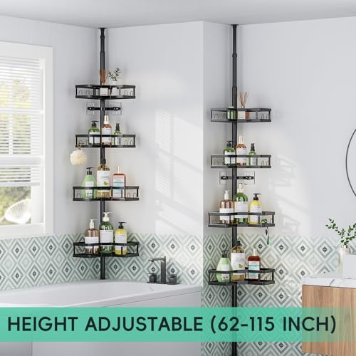 HEVEL Corner Shower Caddy Tension Pole, Adjustable Shower Organizer Corner 62-115 Inch, Rustproof Bathroom Storage Shower Shelves, Black - color: Black