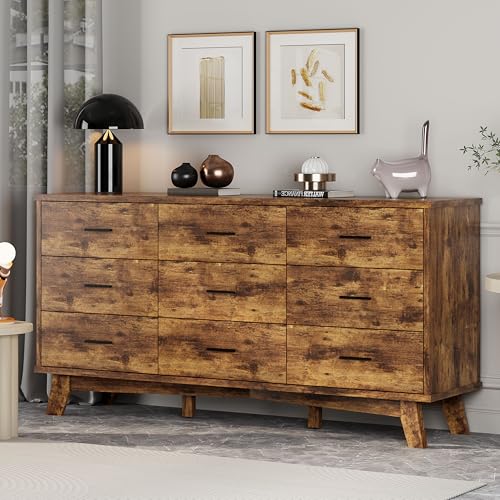 Xixini Dresser for Bedroom, 9 Drawer Wide Modern Chest of Drawers with X-Shaped Sturdy Base, Wood Double Dresser Closet Clothes Storage Organizer, Wooden TV Stand for Living Room, Hallway, Brown - color: Brown, size: 15.6"D x 59.1"W x 29.5"H (9 Drawers)