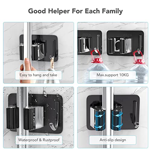 homeasy Mop Broom Holder No Drill, Mop Broom Organizer Wall Mounted Heavy Duty with Hooks Hanger, Self Adhesive Stainless Steel 4Pcs for Bathroom, Kitchen, Office (Multicolor) - color: Black Mix