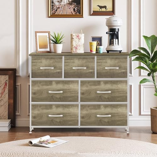 7-Drawer Dresser for Bedroom, Anti-Tip Wide Storage Organizer Fabric Chest of Drawers TV Stand for 45" TV with Wooden Top and Metal Frame for Closet, Living Room, Hallway, Entryway, Greige Oak - color: Greige Oak, size: 11.8"D x 39.3"W x 30.3"H (7 Drawers