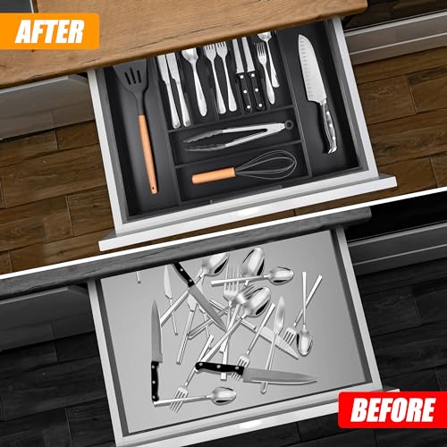 Bellsal Large Premium Bamboo Silverware Organizer - Expandable Utensil Drawer Organizer - 17"x19.6" Utensil Holder and Cutlery Tray with Grooved for Kitchen Flatware and Utensils(7-9 Slot, Black) - color: Black, size: 9 Slots Expandable