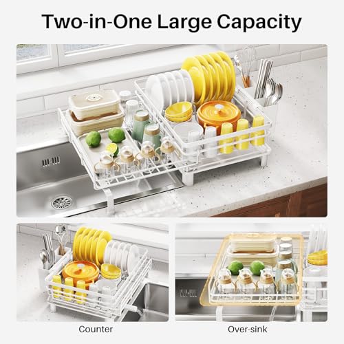 SNTD Dish Drying Rack - Extendable Dish Rack, Large Sink Drying Dish Drainer for Kitchen Counter, Stainless Steel Dish Strainer with Utensil Holder (White) - color: White