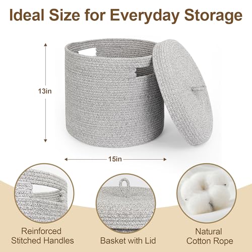 Storage Basket with Lid, Woven Blanket Storage for Living Room, Soft Cotton Rope Bin with Lid, Round Wicker Laundry Basket with Cover, Lidded Kid Dog Toy Box, Nursery Organizer, 15"x13", Gray - color: Gray