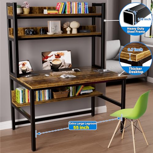 Aquzee Computer Desk with Hutch Bookshelves, 55 Inch Home Office Writing Desk with Space Saving Design, Gaming Table Organized Desk with Storage Shelves Bookshelf Easy Assemble, Rustic Brown - color: Brown, size: 55inch