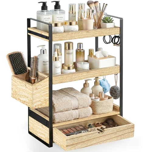 3-Tier Bathroom Counter Organizer with Drawer Basket and Hooks, Wood Bathroom Organizers and Storage for Countertop, Farmhouse Brown Countertop Organizer, Counter Shelf for Vanity, Kitchen,Office - color: Dark Brown