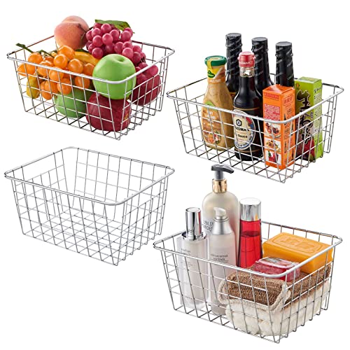 JUNCHU CHERRY Wire Kitchen Storage Basket 4 Packs,Perfect Pantry Organization Accessories Baskets,Laundry Basket,Countertop Organization,Suitable for Kitchen,Bathroom,Bedroom,Tabletop,Stackable,Chrome - color: Chrome