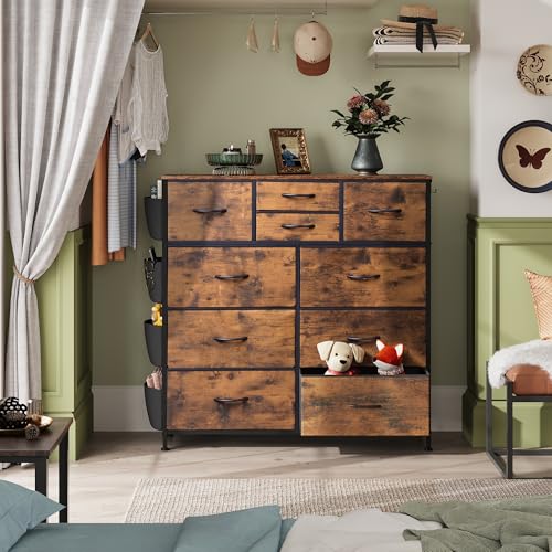 WLIVE Fabric Dresser for Bedroom with 10 Drawers, Chest of Drawers with Side Pockets and Hooks, Sturdy Metal Frame, Drawers Organizer Unit for Living Room, Hallway, Rustic Brown Wood Grain Print - color: Rustic Brown Wood Grain Print