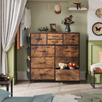 WLIVE Fabric Dresser for Bedroom with 10 Drawers, Chest of Drawers with Side Pockets and Hooks, Sturdy Metal Frame, Drawers Organizer Unit for Living Room, Hallway, Rustic Brown Wood Grain Print - color: Rustic Brown Wood Grain Print