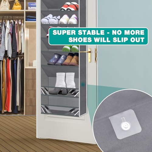 Homgaty Over the Door Shoe Rack Organizer fit 16-20 Pairs, Hanging Shoe Organizer Storage Dustproof Over the Door Shoe Organizer with Stable Sticker Pad for Closet Door Hanging Boots Storage