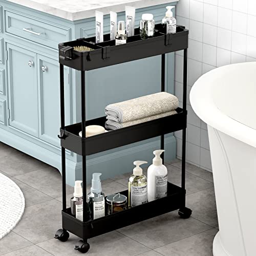 SPACELEAD Slim Storage Cart 3 Tier,Bathroom Organizer Rolling Utility,Mobile Shelving Unit Slide Out for Office, Kitchen, Laundry Room & Narrow Places,Black - color: Black