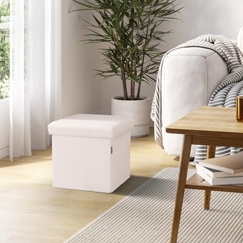 Seville Classics Cushioned Fabric Ottoman Hidden Storage Chest Footrest Chair, Padded Seat for Bedroom, Dorm, Loft, Living Room, Entryway, Hallway, White Boucle, 15.7" Cube - color: White Boucle, size: 15.7"D x 15.7"W x 15.7"H