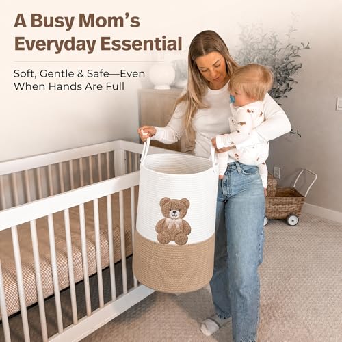 Teddy Bear Large Laundry Hamper for Nursery – 20"x15" Cotton Rope Woven Basket with Handles – Baby Clothes Hamper, Blanket Storage, Stuffed Animal Organizer – Gender Neutral Nursery Decor - color: Neutral Teddy