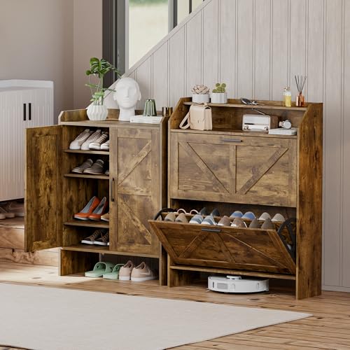 Mericonia Farmhouse Shoe Cabinet with 2 Flip Drawers, Shoes Storage Cabinet, Freestanding Shoe Rack Organizer for Entryway, Rustic Brown - color: C-rustic Brown (Flip Drawers)