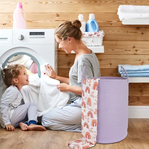 XUANGUO Cotton Rope Laundry Basket Hamper for Clothes Woven Storage Basket for Living Room Bedroom Boho Tall Rope Baskets for Blanket Toys Pillow Towels Baby Nursery Hamper Bin Large purple - color: light purple, size: Large