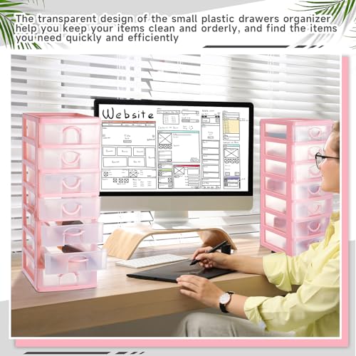 Thyle 2 Pcs Plastic Drawers Organizer Mini Organizer Stackable Plastic Clear Drawer Storage Box Containers Storage Units for Desktop Classroom Craft 6.7 x 4.9 x 13.4 inches(Pink) - color: Pink