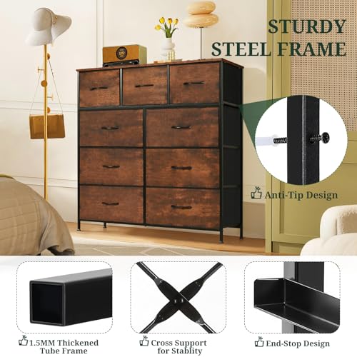 9-Drawer Dresser for Bedroom, Anti-Tip Tall Storage Organizer Chest of Drawers with Wooden Top and Metal Frame Fabric Bins for Closet, Living Room, Hallway, Entryway, Brown - color: Brown, size: 11.8"D x 39.4"W x 40"H (9 Drawers)