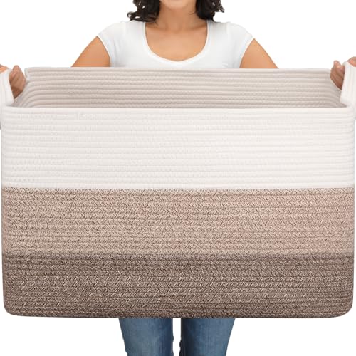 OIAHOMY Extra Large Blanket Basket, 110L Cotton Rope Woven Laundry Basket, Toy Bin for Baby Room, Container for Blanket Storage in Living Room, 24.8''×17.3''×15.8'', Gradient Brown - color: Gradient Brown, size: 110L