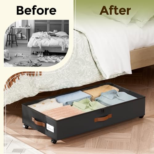 LAMU Under Bed Storage with Wheels, 2 Pack Under Bed Storage Containers with Clear Lids & Label, Rolling Under Bed Drawers for Clothes, Shoes, Blankets, Black - color: Black