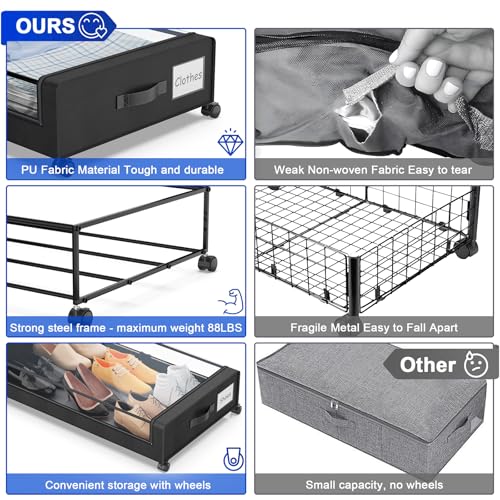 Beborxue Under Bed Storage with Wheels, 4-Pack UnderBed Storage Containers with Clear Lids, XXL 60L Under the Bed Storage Organizer Bins, Rolling Under Bed Metal Drawer for Clothes,Shoes,Toys (Black) - color: 4 Pack-Black