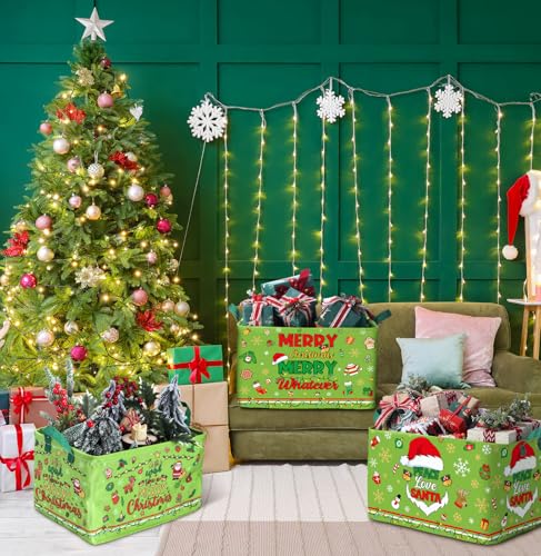 Geelin 3 Pcs Christmas Baskets Storage Funny Lime Green Christmas Santa Basket for Gifts Collapsible Waterproof Canvas Xmas Storage Bin Organizer with Handles for Book Closet Shelf Nursery Room Decor - style: Merry Santa