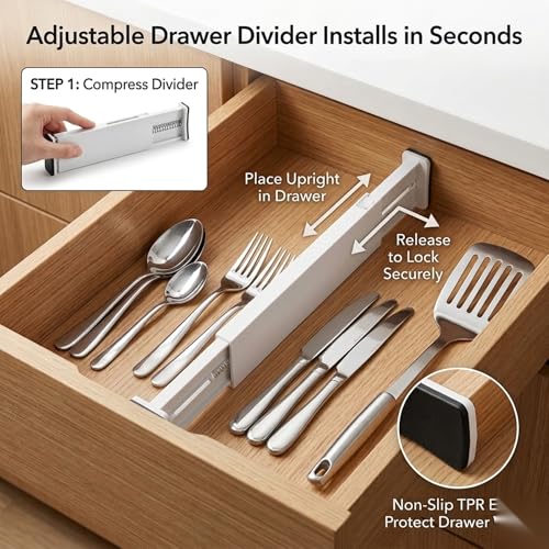 Adjustable Drawer Dividers – Expandable 14.7–21” Drawer Organizer with Non-Slip Ends, Easy Install for Kitchen, Dresser & Closet Storage (“White”)