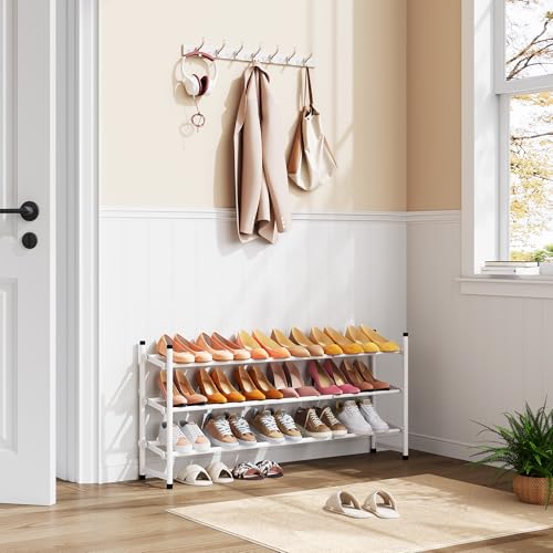 Tajsoon Expandable Shoe Rack for Closet 3 Tier, 28“-41“Adjustable & Stackable Shoe Shelf Storage, Metal Shoe Rack Organizer for Front Door Entrance, Closet, Garage, Entryway, White - color: White, size: 3 Tier