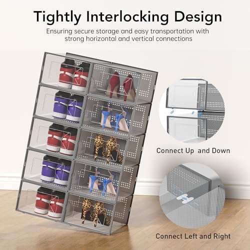 Foluck X-Large Shoe Storage Box, 15 Pack Clear Plastic Stackable Shoe Organizer for Closet, Interlocking Design Shoe Container Bins for Sneakers, Foldable Shoe Rack with Lids, Gray - color: Gray