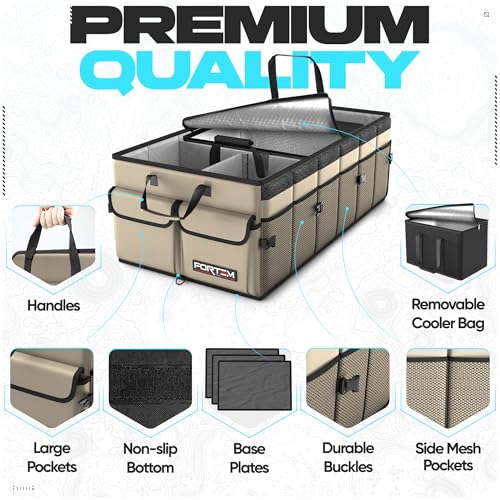 FORTEM Trunk Organizer with Cooler For SUV Car Trunk, Foldable Storage, Car Accessories for Women Men, Collapsible Bag, Perfect Christmas Gifts, 600D Oxford, Non Slip Bottom, Straps, Soft Cover (105L) - color: Beige, size: XXL (105L)