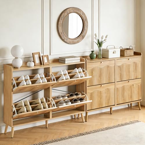 Bifins Shoe Storage Cabinet with 4 Wavy Fluted Flip Drawers, Modern 47.2” Wide Hidden Narrow Shoe Rack Cabinet for Entryway Foyer Hallway (Natural Oak 4 Drawer) - color: Natural Oak 4 Drawer
