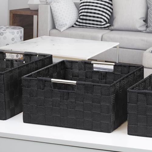 Sorbus Storage Box Woven Basket Bin Container Tote Cube Organizer Set Stackable Storage Basket Woven Strap Shelf Organizer Built-In Carry Handles (Black) - color: Black
