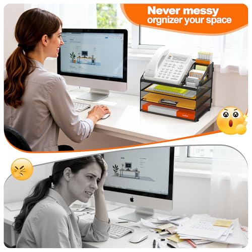 DocNest 4 Tier Metal Mesh Letter Tray - Space Saving Desk File Organizer with Handle, Pen Holder & Folder Holder - Desktop Document Sorter for Office, Home, School, Classroom - Black - color: Black, size: 12.6" x 9.1" x 10.3"