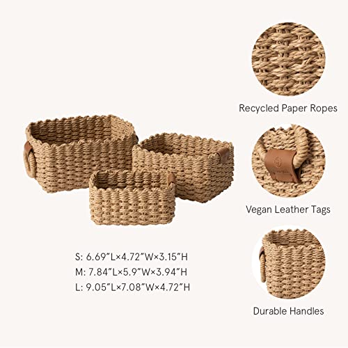 LA JOLIE MUSE Small Wicker Baskets for Organizing, Recycled Paper Rope Storage Basket Container Bins for Shelves Bathroom Cupboards Drawer, Decorative Square Basket Organizer Set of 3 - color: Desert