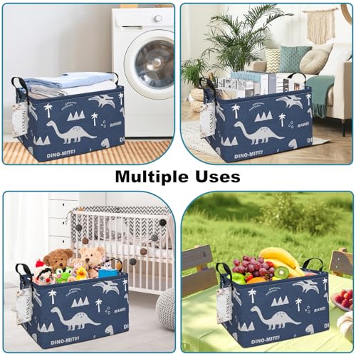 FANKANG Storage Bins, Nursery Hamper Canvas Laundry Basket Foldable with Waterproof PE Coating Large Storage Baskets for Kids Boys and Girls, Office, Bedroom, Clothes,Toys(Rec-Blue dinosaur） - color: Rec-Blue dinosaur