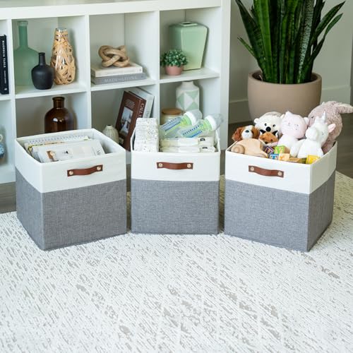 OrganiHaus 13" x 13" x 13" Cube Fabric Storage Bins Set of 4, Fabric Storage Cubes w/ Vegan Handles, 13 inch Collapsible Bins for Clothes & Toys Organizer, 13x13 Basket for Decor - Grey/White - color: Gray Base / Off-White, size: (13x13) Leather Handles