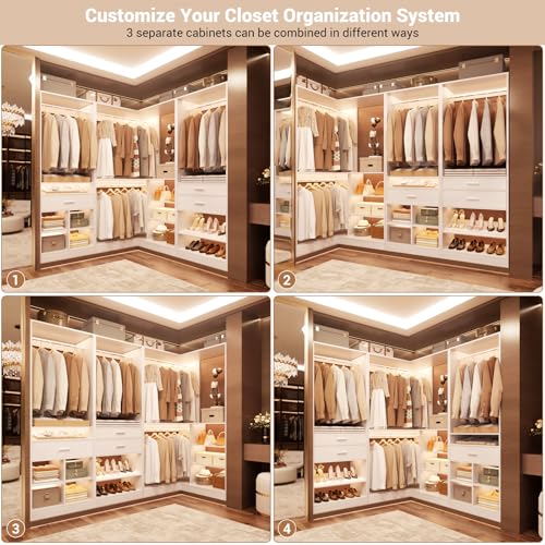 Unikito 86" Corner Closet System, Modular Closets Organizer with 4 Hanging Rods and Storage Shelves, Freestanding Adjustable Wood Clothes Garment Rack with Drawers, Sturdy Walk in Closet Tower, White - color: White, size: 86 Inch