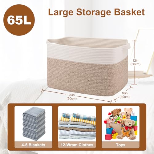 OIASKET Blanket Basket for Living Room, Cotton Rope Basket for Storage, Toy Baskets Bin for kids, Woven Baskets with Handles for Clothes, Towels, Pillows, 20" x 16" x 12", Brown and White - color: Brown & White, size: 19.7"x15.8"x11.8"