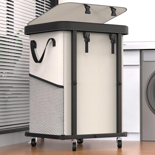 150L (40 Gal) Large Fashion Laundry Basket with Wheels, Leather Patchwork Rolling Hamper Carts, Sturdy Metal Frame, Removable Washable Bag, Tall Clothes Sorter for Bedroom, Laundry Room - Beige - color: Beige, size: 1 Section-150L