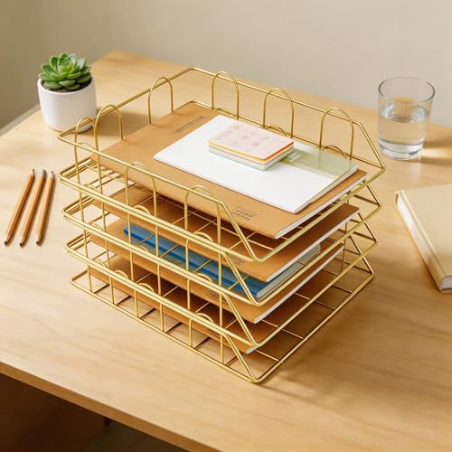 JIARI 4 Pack Desk Organizer Stackable Letter Tray Paper Organizer, Metal Desk Organizer Tray for Letter/A4 Paper Storage, for Office Supplies (Gold 4 Pack) - color: Gold 4 Pack