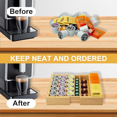 MinBoo Bamboo K Cup Holder for Drawer or Countertop Coffee Pod Holder Expandable K Cup Pod Storage Tea bag organizer K Cup Storage for Coffee Station Home Office and Kitchen - color: Natural
