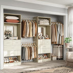 Unikito Closet System, 6-14FT Walk in Closet Organizer with 8 Drawers and Mirror, 168" Wood Closets Insert with Tower, Sturdy Wardrobe Closets Garment Rack with Extendable Hanging Rods, White Oak