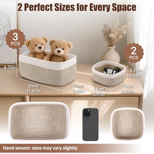 5-Pack Small Woven Rope Storage Baskets – 2 Sizes Organizer Bins for Closet, Shelf, Bookshelf, Nursery, Changing Table, Fabric Cube Boxes, Rectangular Shallow Bins for Bathroom, Toy & Home - color: Natural & White