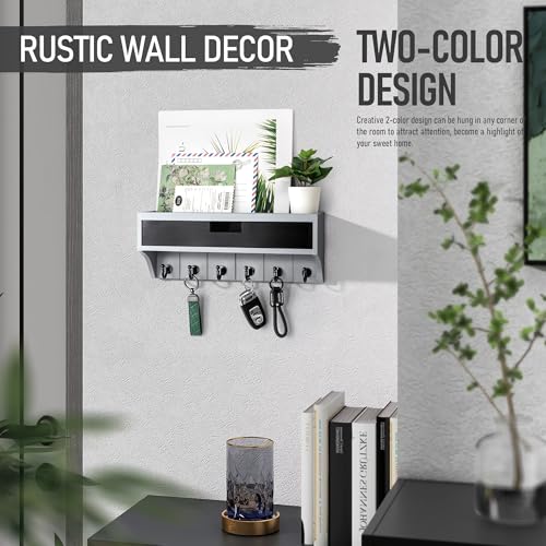 Rebee Vision Modern Pine Wood Key Holder Wall Mount with Drawer Organizer - Stylish Mail Organizer with 6 Key Hooks & Wall Shelf - Modern Apartment Essentials for Room Decor (Gray & Black) - color: Gray & Black, style: 1-Drawer