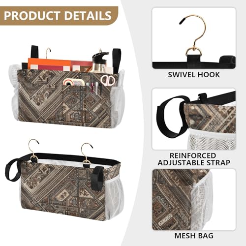 Bedside Caddy Metal Frame Hanging Organizer Bunk Bed Dorm Accessories Hook And Loop Storage Bag Large Pockets Brown Retro Bohemian - color: Brown Retro Bohemian