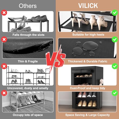 VILICK Shoe Rack with Cover Narrow Shoe Organizer with 4 Side Pockets 10 Tier Tall Shoe Storage Holds 18-22 Pairs Shoes and Boots Shoe Rack for Closet Entryway Garage - color: Black, size: 10 Tiers-17.7" Wide